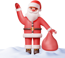 3d santa claus personagem com presente saco dentro neve. png