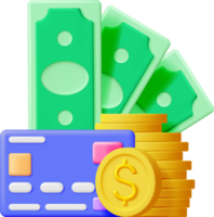 3d bank kaart en geld stapels png