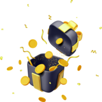 3D Black Open Gift Box Full of Gold Coins png