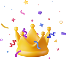 3D Gold Crown Icon and Confetti. png