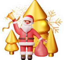 3D Santa Claus with Bell and Gold Christmas Tree png