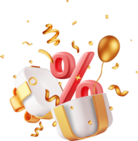 3d geschenk doos met percentage symbool en confetti png