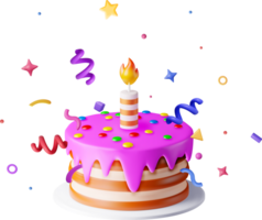 3d torta con candela e coriandoli png