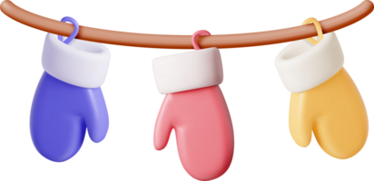 3D Colorful Gloves Hanging on Clothesline png