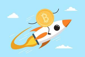 Bitcoin flying on rocket through space clouds in flat design vector