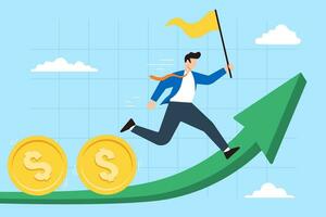 Businessman leader running on upward graph with flag and coins in flat design vector