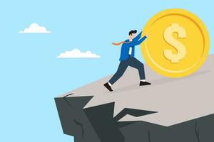 Frustration businessman struggling pushes money coin of the cliff in flat design vector