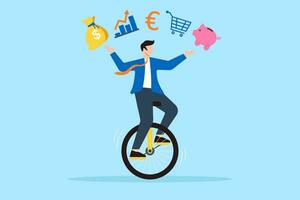 Smart businessman juggling finance on unicycle in flat design vector