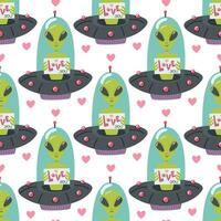 An alien holds a sign with a declaration of love, UFO. Cartoon style. Vector illustration. Seamless pattern