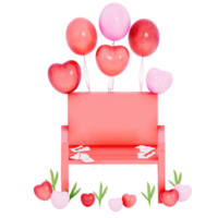 Valentin décoration minuscule l'amour chaise avec miniature cœur ballon bouquet sur une transparent arrière-plan, 3d le rendu png