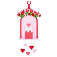 Valentin boites aux lettres avec en forme de coeur vent carillons sur une transparent arrière-plan, 3d le rendu png