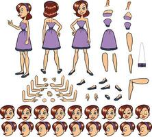 Young lady character constructor. Trendy girl creation set. Different woman postures, hairstyle, face, legs, hands, clothes, accessories collection. Vector cartoon illustration. Front, side, back view