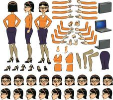 Young lady character constructor. Trendy girl creation set. Different woman postures, hairstyle, face, legs, hands, clothes, accessories collection. Vector cartoon illustration. Front, side, back view