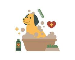 Cute dog taking a bath in the bathroom. Flat style vector illustration for animal fostering and adoption