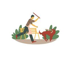 Man with a baseball bat hit a wild dog stealing sausages in the park. Flat vector illustration.