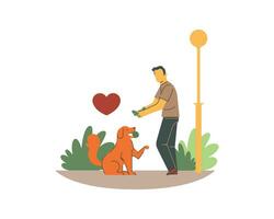 Man walking with dog in the park. Flat style vector illustration.