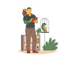 Man with parrot and birdcage. Flat vector illustration for animal adoption and fostering concept