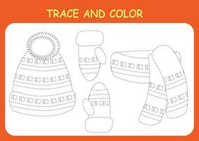 Trace and color the clothes, hat, scarf and mittens. Coloring book for preschool children. Handwriting practice. vector