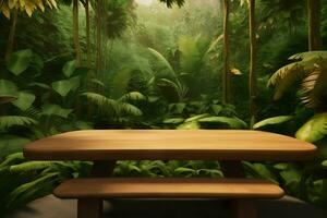 AI generated Jungle table background. Interior table for a cosmetic item against the backdrop of tropical plants, palms and jungle. Neural network AI generated photo
