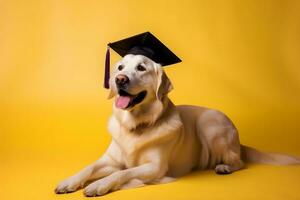 ai generado graduado perrito perro en amarillo antecedentes. neural red ai generado foto