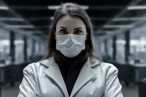 AI generated Woman wearing gloves with biohazard chemical protective suit and mask. Neural network AI generated photo