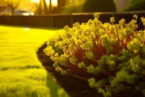 ai generado diferente hermosa plantas en calle flor camas cerca casa. neural red ai generado foto