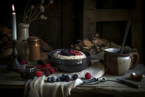 AI generated Healthy bowl of oatmeal with berries. Neural network AI generated photo