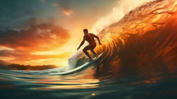 AI generated Surfer on the ocean wave at sunset photo