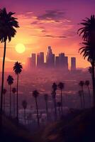 AI generated Sunset over palm trees and skyscrapers photo