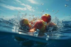 AI generated Tropical fruits fall deeply under water with a big splash. Neural network AI generated photo