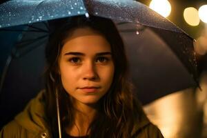 ai generado retrato de un niña con un paraguas en el lluvia. neural red ai generado foto