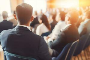 AI generated Speaker Giving a Talk at Business Meeting. Audience in the conference hall. Neural network AI generated photo