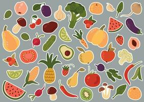 Set of stickers with fruits and vegetables. Vegan day. vector