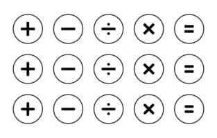 Addition, subtraction, division, multiplication, and equality icon set on circle line. Calculator symbol vector
