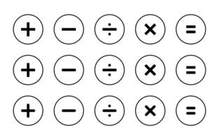 Addition, subtraction, division, multiplication, and equality icon set on circle line. Calculator symbol vector