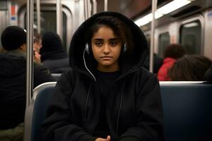 AI generated Happy young black woman sitting inside the underground listening to music. Neural network AI generated photo