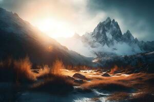 AI generated Beautiful colorful sunset over the snowy mountain range and pine tree forest. Nature landscape. Dramatic overcast sky with orange clouds. Neural network AI generated photo