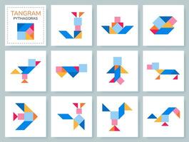 Tangram puzzle game for kids. Colorful geometric collection with isolated objects. Pythagoras. Various icons on white backdrop. Vector illustrations.