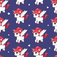 Seamless pattern with cute magic unicorn and hearts. Repeated tile with cartoon characters on backdrop. Childish design for fabric, print, textile. vector