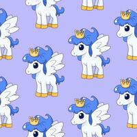 Seamless pattern with cute magic pony and crown. Repeated tile with cartoon characters on violet backdrop. Childish vector design for fabric, print, wrapper, textile, print for kids.