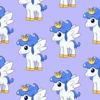 Seamless pattern with cute magic pony and crown. Repeated tile with cartoon characters on violet backdrop. Childish vector design for fabric, print, wrapper, textile, print for kids.