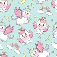 Seamless pattern with magic unicorns, rainbow, stars, moon. Vector tile with cartoon character for childish print, wrapper, textile, print, fabric.