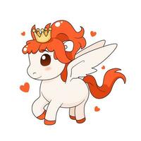 Cute cartoon pony with wings, crown and hearts. isolated vector illustration with magic animal on white background. Flat art for print, posters, covers and etc.