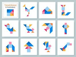 Tangram puzzle game for kids. Colorful geometric collection with isolated objects. Pythagoras. Various icons on white backdrop. Vector illustrations.