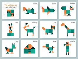 Tangram puzzle for kids. Colorful geometric collection with isolated objects. Mongolian game. Various icons on white backdrop. Vector illustrations.