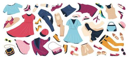 Set of fashion clothes for women. Casual garments and accessories for spring and summer. Jacket, bags, shoes, trousers, dress, hats flying. Flat vector illustrations isolated on white background.