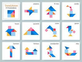 Tangram puzzle game for kids. Colorful geometric collection with isolated objects. Pythagoras. Various icons on white backdrop. Vector illustrations.