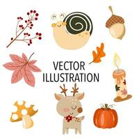 Autumn set, autumn clip art, collection of design elements with leaves, pumpkins, cute animals, mushroom, floral and others. Hand drawn vector illustration.