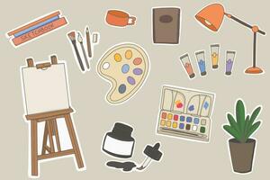 set of artist stickers and art supplies isolated on a light background vector