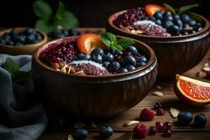 ai generado sano sabroso desayuno. harina de avena con bayas y frutas neural red ai generado foto